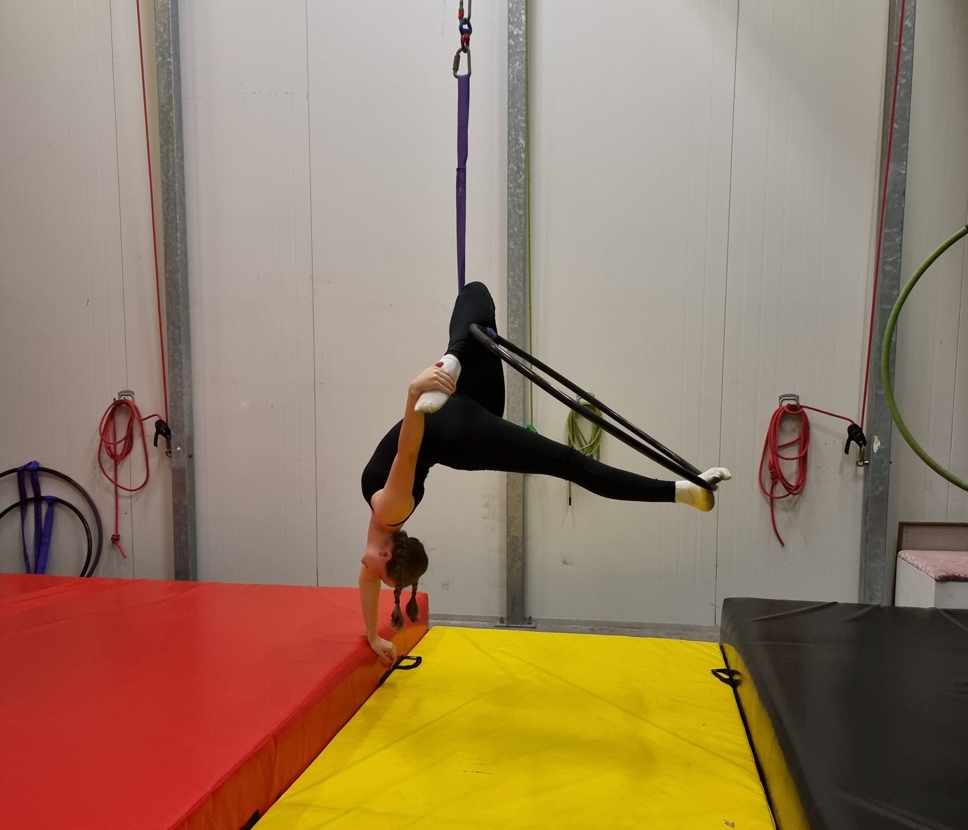 adult beginner aerial hoop student on lyra in newcastle studio